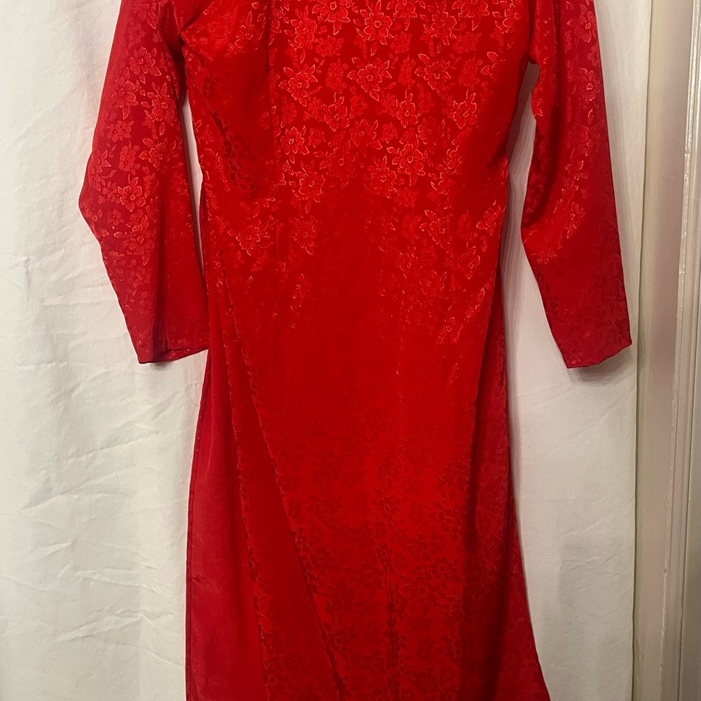 Vietnamese Red Traditional Women’s Tunic Dress with Pants, Size XL